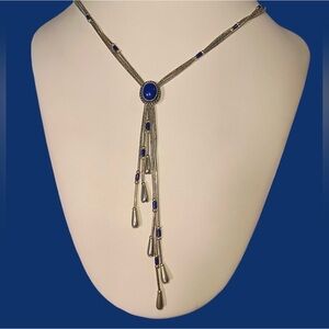 22” Quoc Turquoise Liquid Silver Lapis Heart Squash Blossoms Ends Necklace